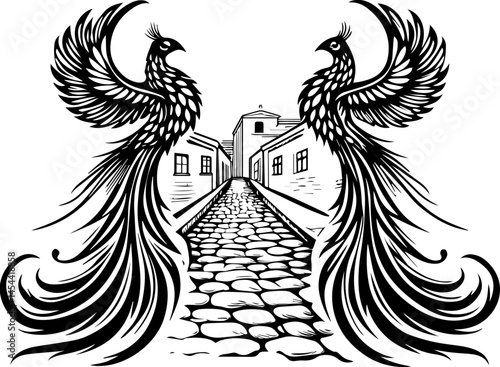 EV charging infrastructure for sustainable electric mobility SVG vector. Stylized Black and White Phoenix Birds on a Cobblestone Street