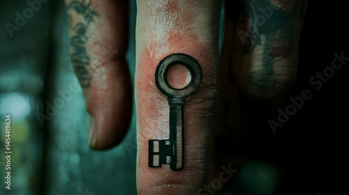 Small, detailed key tattoo on fingertip.  Close-up view of a simple, stylized key design inked onto a finger.  The tattoo appears well-executed, with clean lines and a dark ink color