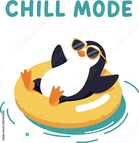 Relaxed penguin in sunglasses floating on yellow ring chill mode vector illustration for t-shirt designs 