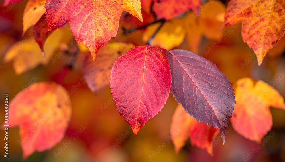 Obraz premium Vibrant autumn leaves in red and orange hues. Close-up shot showcasing fall foliage texture and color. Perfect for seasonal designs and nature themes.