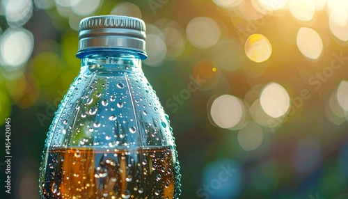 Close-up of a refreshing cold drink bottle with water droplets on a sunny day.