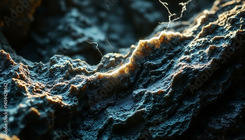 Fractured schist rock reveals layers of quartz and graphite, lit by dramatic white light within a dark grotto.