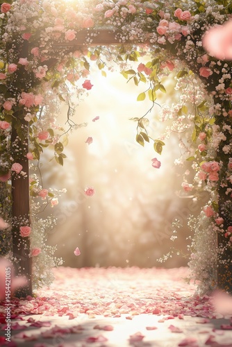 Romantic Rose Arch with Glowing Sunlight and Falling Petals in Dreamy Garden Scene