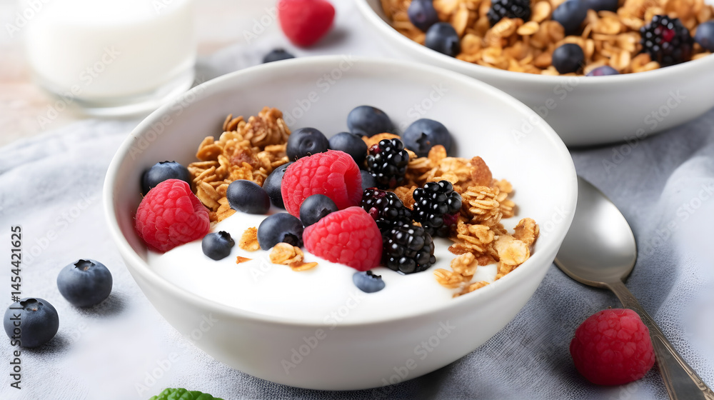 A bowl of granola with berries and yogurt on a white tablecloth with a glass of milk and a spoon nearby. A bowl of granola with berries and yogurt on a white tablecloth with a glass of milk and a spoon nearby.