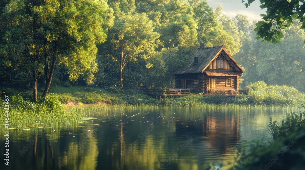 Obraz premium Wooden house by pond in forest