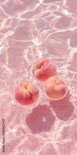 a few pink peaches are floating on the pink water. The water has ripples and reflects the sunlight. The peaches should be close to the color of the water and blend into the picture.