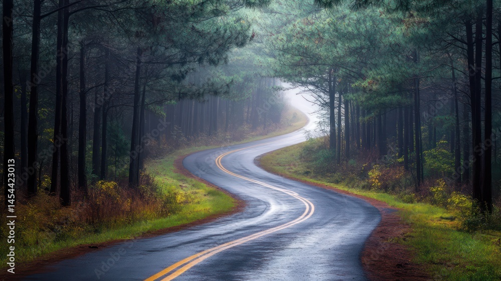 Fototapeta premium Winding road through misty forest