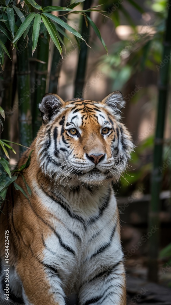 Obraz premium Close-up portrait of Bengal tiger with amber eyes in green bamboo forest
