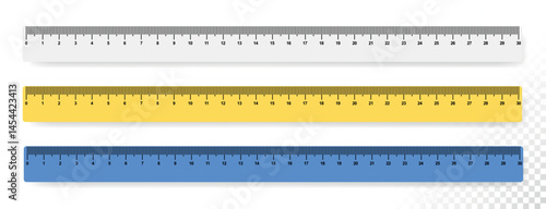 Ruler scale set: 30 cm. Realistic yellow, white, and blue rulers. School supplies. Vector illustration isolated on white background. Ideal for education and design tools.
