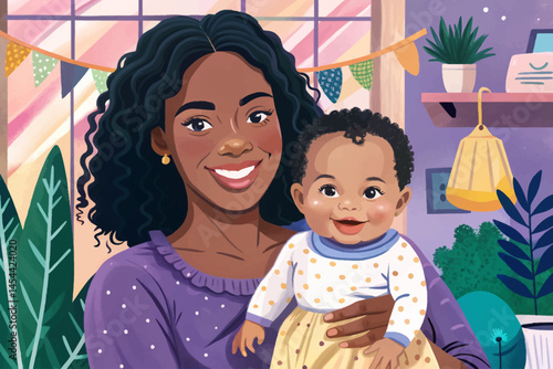 Smiling African American mother holding her adorable baby girl in a loving family moment. Perfect for motherhood, baby care, parenthood, and ethnic family lifestyle themes