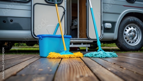 Brightly colored mops resting beside a non-branded blue bucket on a wooden deck near a recreational vehicle