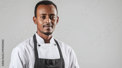 Portrait of young Ethiopian chef wearing white uniform and black apron against neutral background