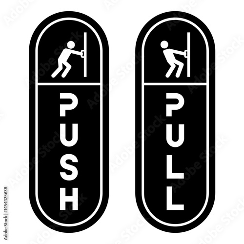 Push and Pull Door sign icon set. Push and Pull label, logo, badge, icons, sticker, emblem, stamp, symbol, black, line circle, flat vector, isolated illustration. Open and close door sign.