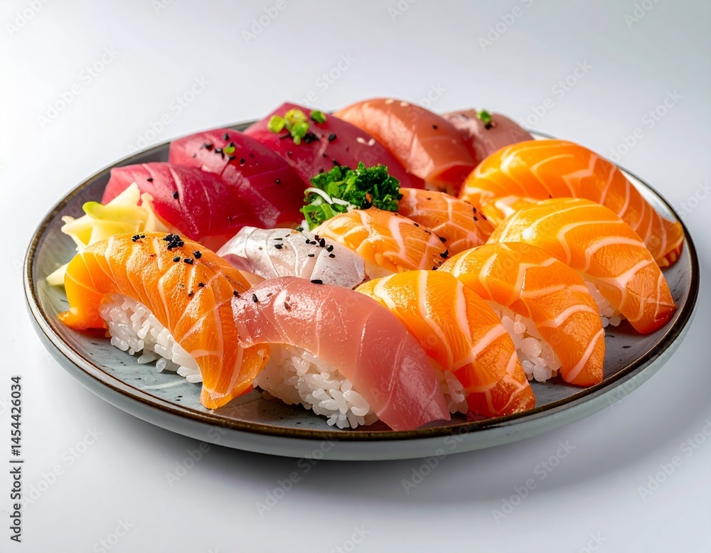 Professional photography of a colorful plate of sushi with fresh fish and garnish, clean and precise composition Professional photography of a colorful plate of sushi with fresh fish and garnish, clean and precise composition