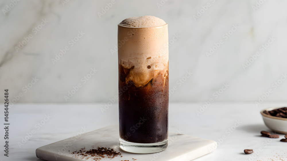 Refreshing Cold Brew Coffee Poured Over Ice with Creamy Foam Topping and Coffee Beans on Marble Surface Refreshing Cold Brew Coffee Poured Over Ice with Creamy Foam Topping and Coffee Beans on Marble Surface