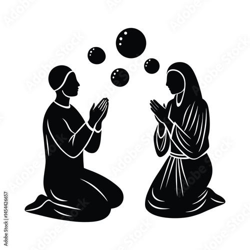Interfaith prayer silhouette of man and woman kneeling with light orbs symbolizing peace