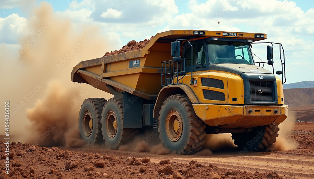 Fototapeta premium Yellow Dump Truck Hauling Cargo on Construction Site