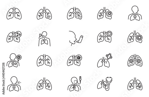 lung disease outline icons set, such as copd, cough, bronchitis, spirometry and more. Editable stroke. Simple line vector illustration.