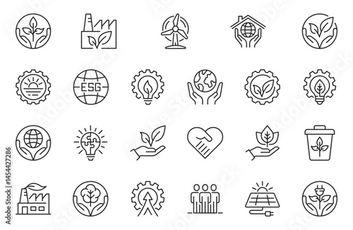 ESG line icon set. Outline icon collection related to ecology, environment social governance, risk management, sustainable developmen and more.