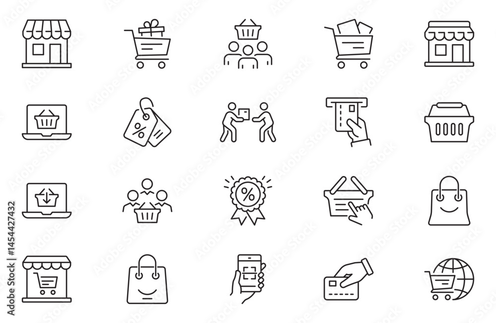 Fototapeta premium Shopping line editable icon set. Contains icons as mobile shop, shopping cart, testimonials, shipping and delivery, fashion and more.
