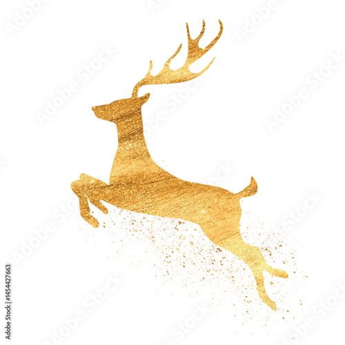 Vector freehand golden illustration of a jumping, flying deer with splashes. Hand drawn gold reindeer. Christmas design for pattern, wallpaper, cards