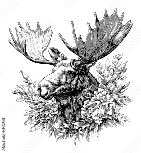 Majestic Moose Surrounded by Beautiful Floral Elements in Black and White