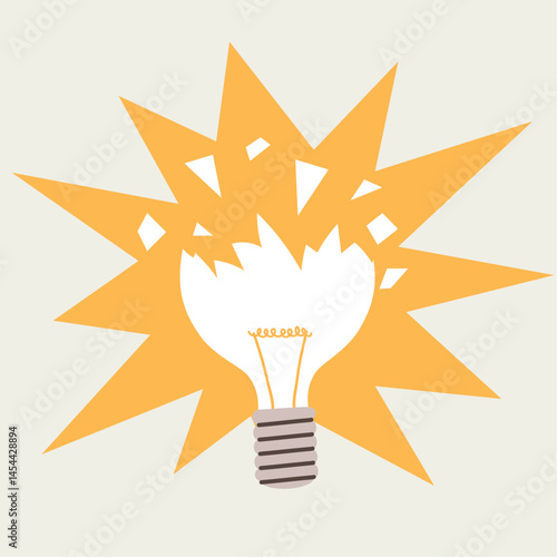Cartoon illustration of a broken light bulb representing a failed idea or creative block. Frustration, lack of inspiration, innovation burnout or obstacles in thinking process concept