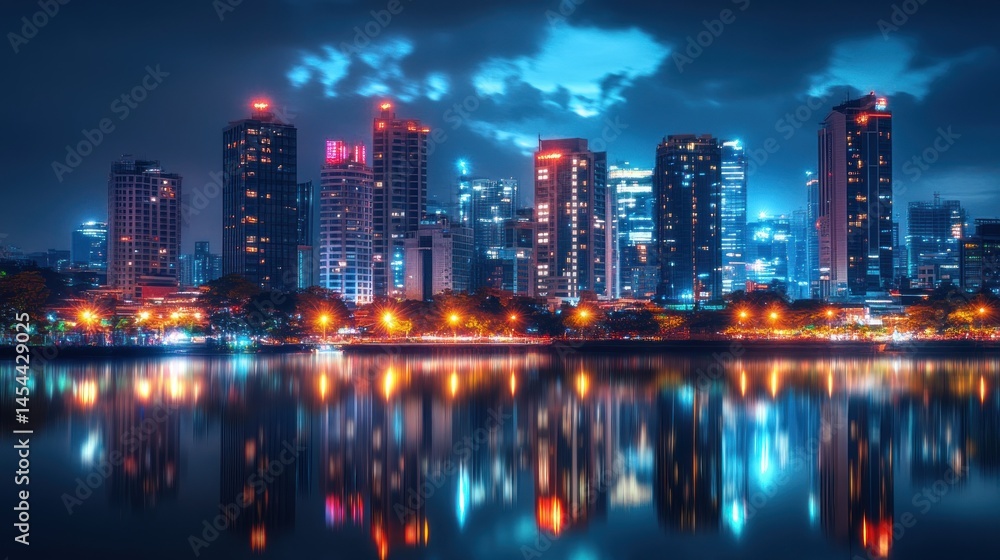 Fototapeta premium Vibrant city skyline at night, reflected in calm water. Towering buildings, vibrant lights, and a tranquil river