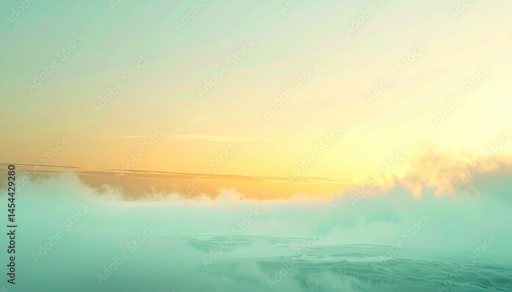 Obraz premium Captivating sunrise over misty ocean waves coastal landscape photography serene environment wide angle view tranquility and nature's beauty
