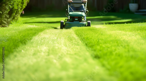 A person mowing a lawn with a green lawn mower in a well-kept garden with a clear blue sky in the background.