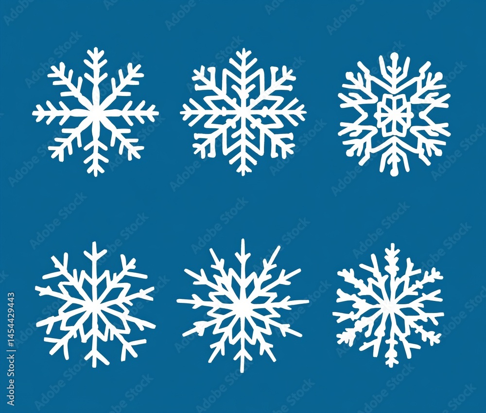Set of snowflakes isolated on a blue background, vector illustration. The snowflakes are white in color, with a simple design and flat colors, without any shadows. The shapes are simple, in a vector g Set of snowflakes isolated on a blue background, vector illustration. The snowflakes are white in color, with a simple design and flat colors, without any shadows. The shapes are simple, in a vector g