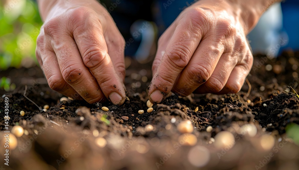 Hands planting seeds in rich soil. Close-up view of a farmer sowing seeds, symbolizing growth, nature, agriculture and spring. Hands planting seeds in rich soil. Close-up view of a farmer sowing seeds, symbolizing growth, nature, agriculture and spring.