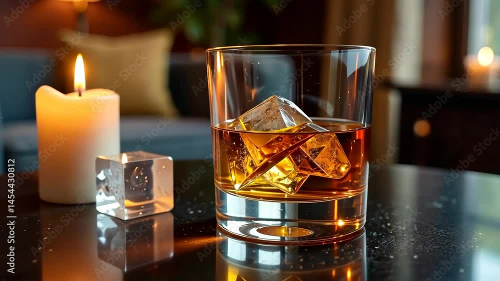 Golden beverage with ice in a glass on a table with candlelight in the background. Golden beverage with ice in a glass on a table with candlelight in the background.