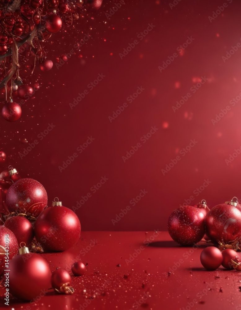 Deep red backdrop with shimmering glitter, festive ornaments scattered , glitter background, xmas, texture Deep red backdrop with shimmering glitter, festive ornaments scattered , glitter background, xmas, texture
