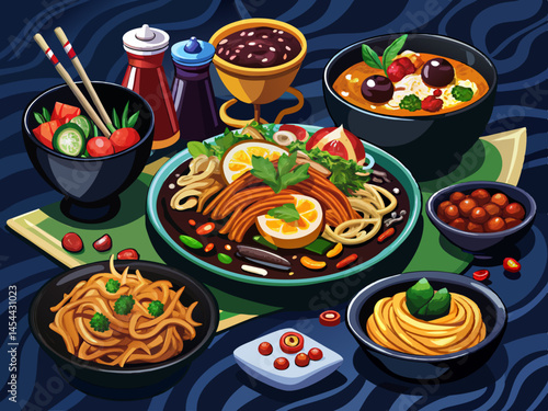 vector of Chinese Korean dishes including jajangmyeon with black bean sauce and tangsuyuk with vegetables served on black plates against a dark background.