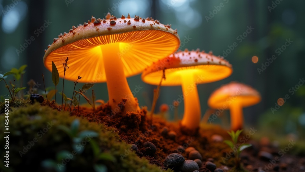 Fototapeta premium close group mushrooms growing forest mushrooms orange color round cap small white spots top cap slightly curved has yellowish orange hue background blurred appears dense forest trees foliage ground