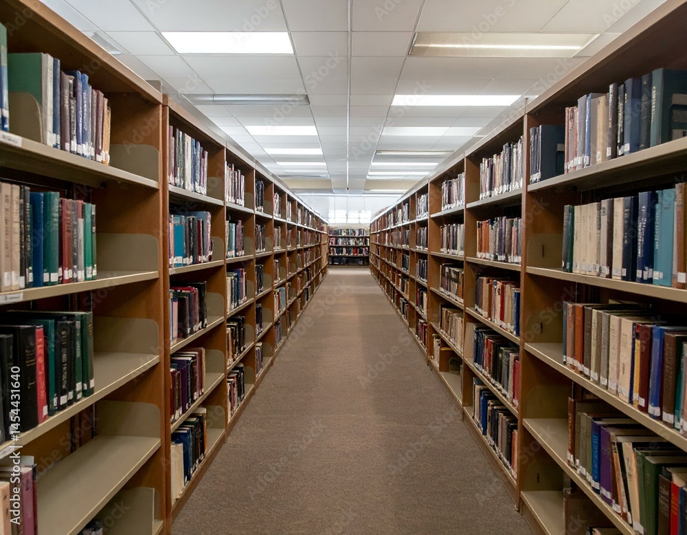 Serene library aisle with bookshelves full of books. A quiet and peaceful study space. Serene library aisle with bookshelves full of books. A quiet and peaceful study space.