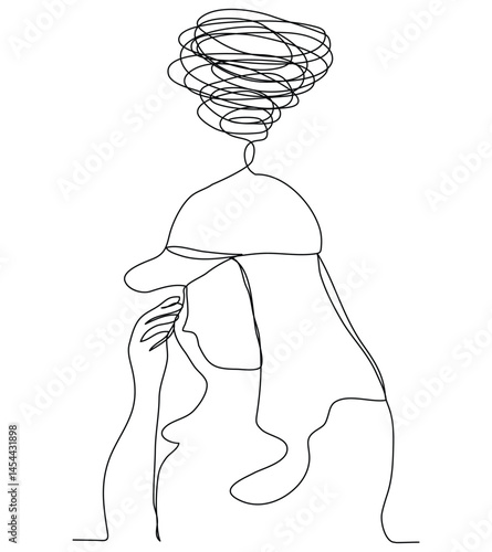 Sketch problem concept minimal woman emotion stress headache drawing line art.Female unhappy depress hand drawn continuous line concept with white ioslated background.Abstract,vector,illustration.