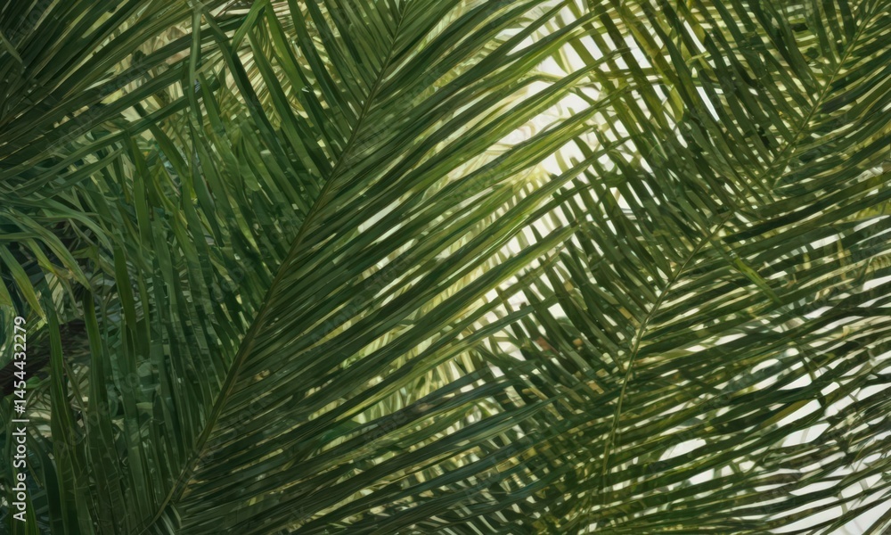Fototapeta premium Intricate emerald green palm frond texture, sun-dappled , summer background, organic texture, vegetation