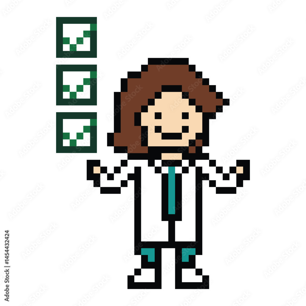 Fototapeta premium Cute pixel cartoon 8 bit character woman doctor scientist game care check list decor pharmacist female doctor uniform lady in hospital 8 bit woman pixel art game 8bit png vector.