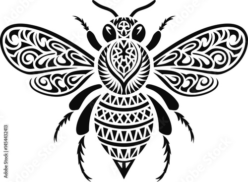 Black and white tattoo butterfly vector illustration, a tribal design with floral ornament and insect wing silhouette