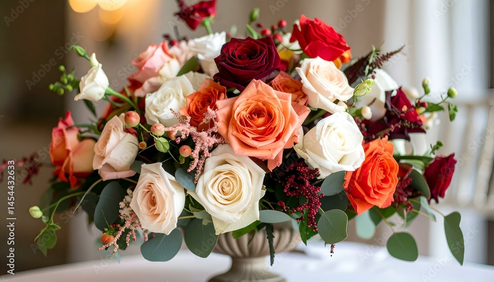 Elegant autumnal rose centerpiece in a stone vase. Perfect for wedding, event, or home decor. Elegant autumnal rose centerpiece in a stone vase. Perfect for wedding, event, or home decor.