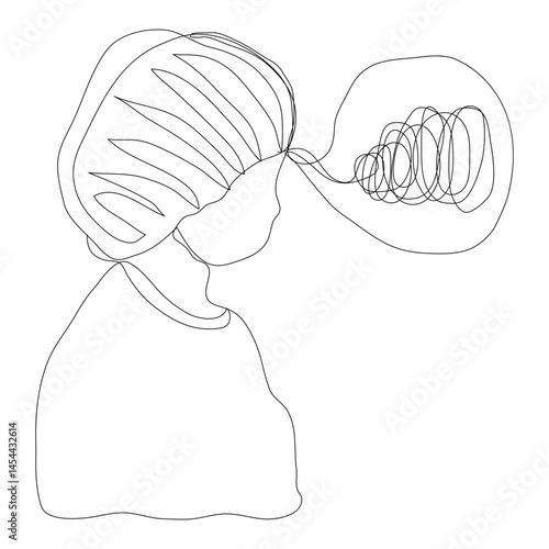 Sketch problem concept minimal old woman emotion stress headache drawing line art.Female unhappy depress hand drawn continuous line concept with white ioslated background.Abstract,vector,illustration.