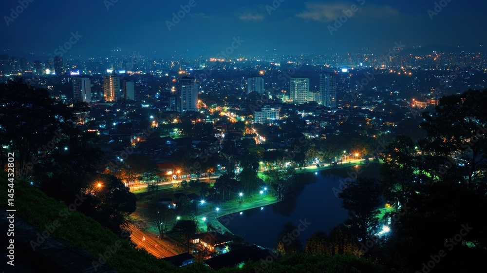 Fototapeta premium Cityscape at night, illuminated buildings and park