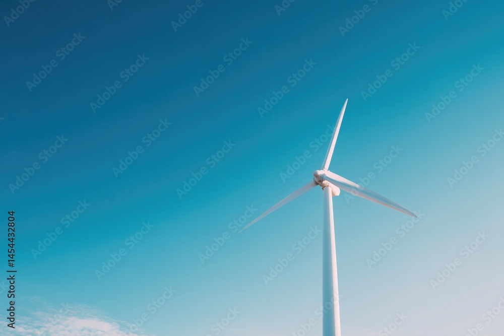 lone wind turbine standing tall against cloudless blue sky its blades catching gentle sunlight representing renewable lone wind turbine standing tall against cloudless blue sky its blades catching gentle sunlight representing renewable