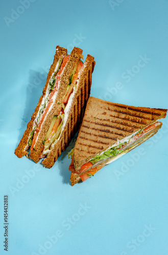 Panini Sandwich with Crunchy Crust on Blue Background