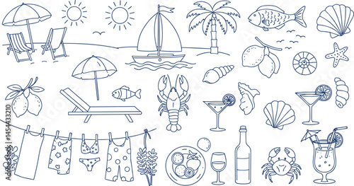 summer, doodle, grunge, chalk, drawing, vector, illustration, rough, sea, beach, coastal, mediterranean, seacoast, vintage, italian, greece, wine, seafood, palm tree, lobster, lemon, wave, vignetting,