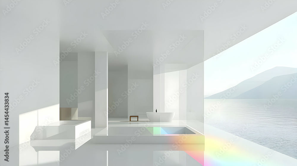 Modern, minimalist bathroom with a large window overlooking a tranquil ocean scene, bathed in soft light and showcasing a vibrant rainbow reflecting on the water Modern, minimalist bathroom with a large window overlooking a tranquil ocean scene, bathed in soft light and showcasing a vibrant rainbow reflecting on the water