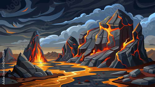 Charcoal-colored lava rocks form towering cliffs under a moody, overcast sky