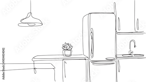 Minimal vector sketch of a kitchen with a refrigerator and plant, perfect for interior design or home appliance themes. Ideal for modern kitchen layouts
